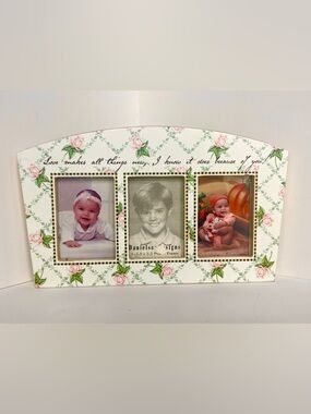 Love Script Triple Photo Frame in White and Pink for wallet photos. 10” x 5”